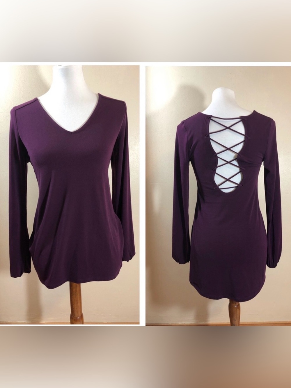 Express Lace-Up Back Long Sleeve Tunic - Deep Plum size medium